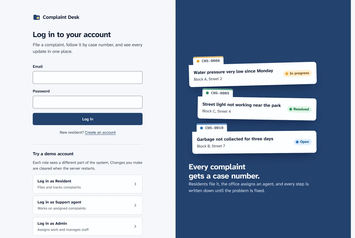 Complaint Desk, a MERN complaint management system login and overview