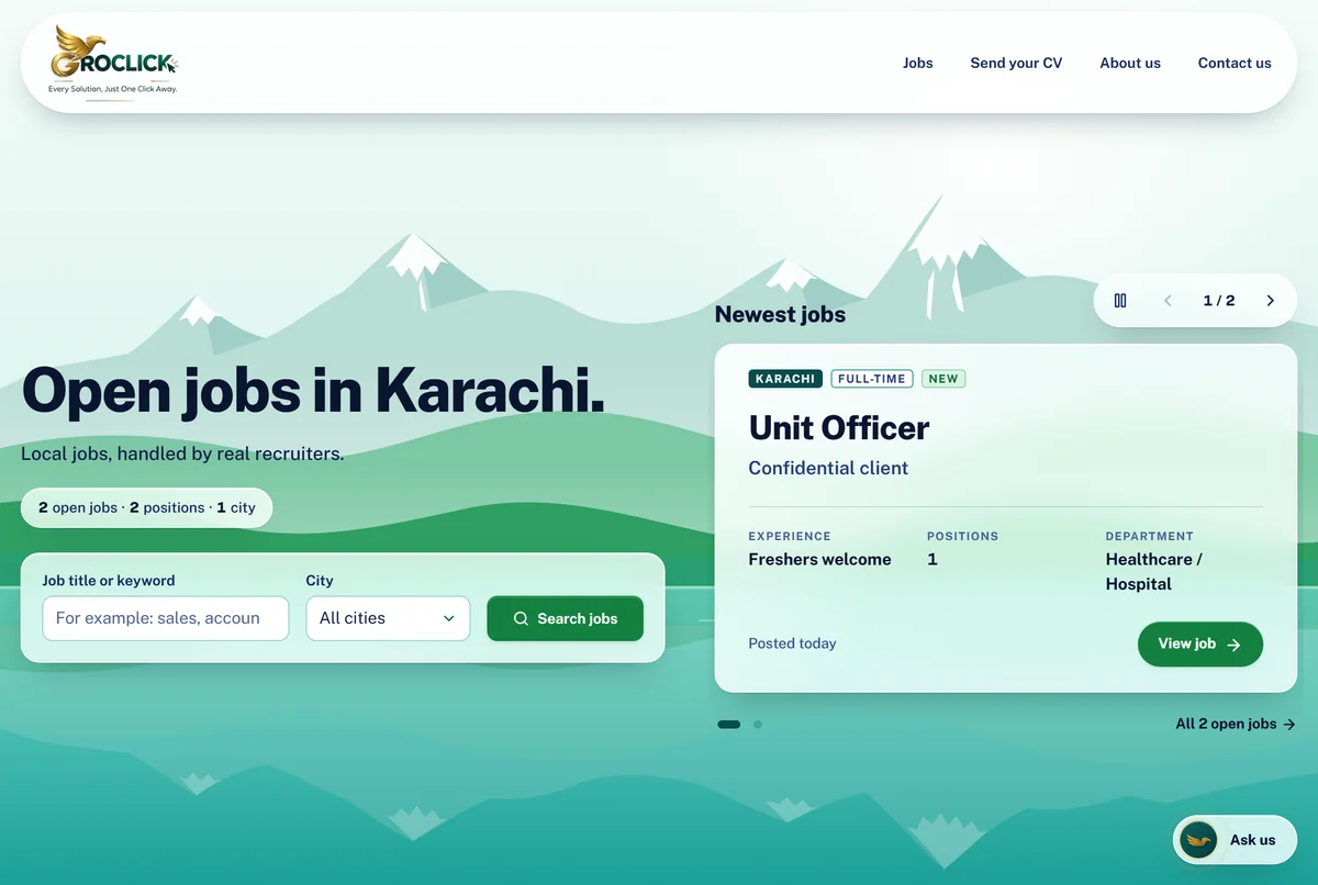 Groclick recruitment platform home page, live at groclick.com